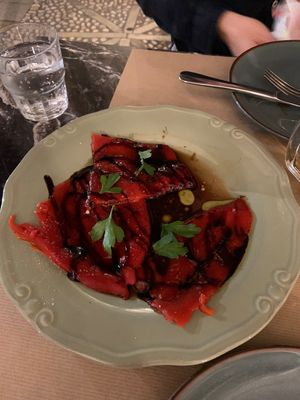 Grilled peppers with garlic and balsamico at Fanalino Restaurant Bar in Paxos