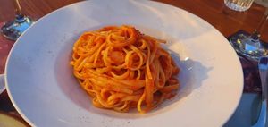 Pasta with bell pepper sauce at Fanalino Restaurant Bar in Paxos