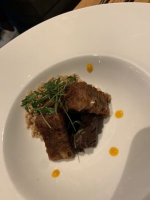 Fried rice pudding with chocolate mouse and orange oil at TIQA in Portland