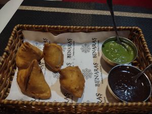 Samosas. Not a big portion but delicious. Excellent sauces.  140,000 at Benaras in Ho Chi Minh City
