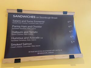 A list of a few sandwhies at Hideout Cafe in Edinburgh