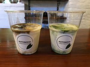 Ice Matcha Soy Milk and Ice Houjicha Soy Milk at Kotonoha in Torun
