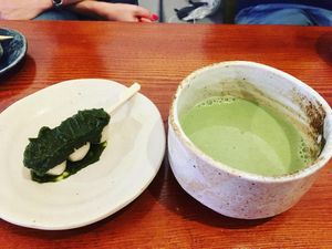 Soy matcha and rice balls with matcha sauce💗 at Kotonoha in Torun