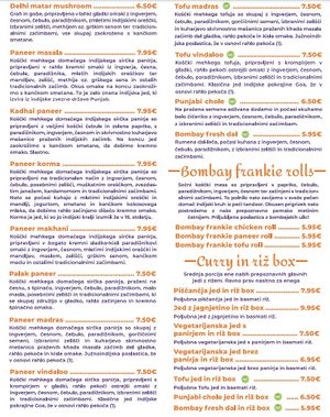 menu with marked vegan options at Bombay Fresh in Ljubljana