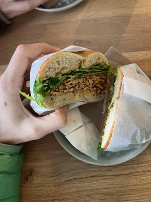 Mung the Merciless with tofu on a rosemary and olive oil bagel. Nice Bahn Mi flavors, a little sweet but great notes of five spice  at Beam Me Up Bagels - City in Dunedin