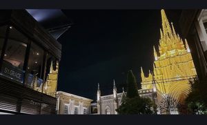 That view of St. Grace's cathedral at night #Veganuary at Umami Burger Aoyama Shop in Tokyo