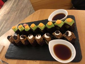 Two types of sushi (barbecue and mango with avocado) barbecue is the best one !! at Veganashi - Gluten Free Sushi in Barcelona