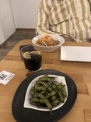 Edamame and noodles with peanut sauce  at Veganashi - Gluten Free Sushi in Barcelona