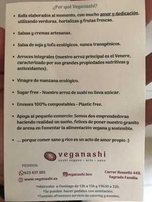 Veganashi note at Veganashi - Gluten Free Sushi in Barcelona