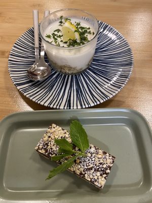 Chocolate bar and lemon mousse dessert  at Veganashi - Gluten Free Sushi in Barcelona