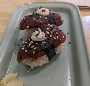 "Tuna" Nigiri made with marinated pear tomato and cashew cream topping at Veganashi - Gluten Free Sushi in Barcelona