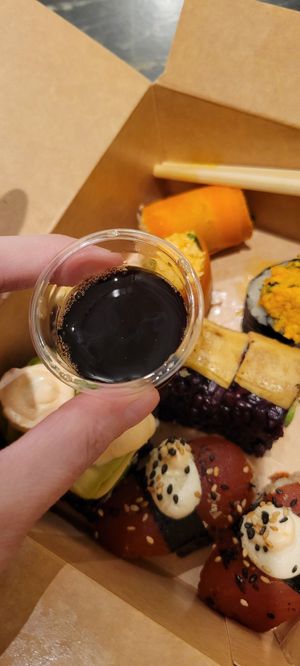 Tiny soy sauce container at Veganashi - Gluten Free Sushi in Barcelona