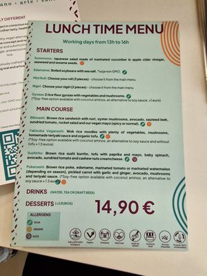 Day menu at Veganashi - Gluten Free Sushi in Barcelona