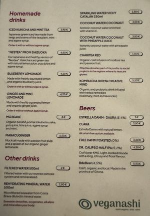 Menu (drinks).  at Veganashi - Gluten Free Sushi in Barcelona