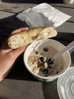 Vegan Bagel with plant based cream cheese and vegan porridge  at Sugarhouse Coffee in Salt Lake City