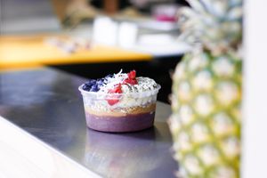 The Oola Bowl
açaí, peanut butter, Grandma's Granola, bananas, strawberries, blueberries, honey, chia seeds, shredded coconut at Oola Bowls in Lititz