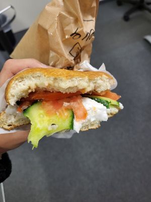 Tomato cucumber vegan cream cheese at Budapest Bagel in Vienna