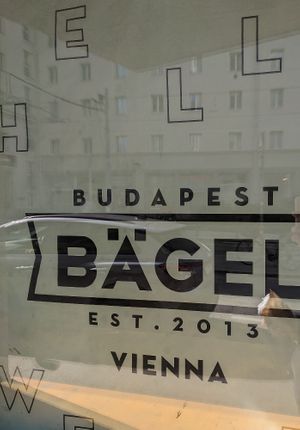 Window in storefront at Budapest Bagel in Vienna