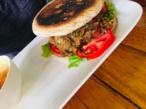 Vegan burger at Estrella Negra in San Pedro De Atacama