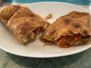 Vegan empanada with mushrooms, veggies and seitan  at Estrella Negra in San Pedro De Atacama