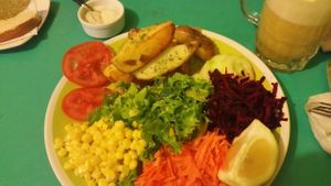 Estrella Negra - deliciously filling multicoloured salad with potatoes and vegan garlic sauce at Estrella Negra in San Pedro De Atacama