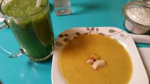 Estrella Negra - vegan vegie soup of the day and green juice (watery but tasty) at Estrella Negra in San Pedro De Atacama