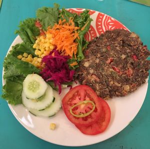 soy burguer with salad at Estrella Negra in San Pedro De Atacama