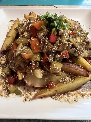 Papas + seitan + veggies  at Estrella Negra in San Pedro De Atacama