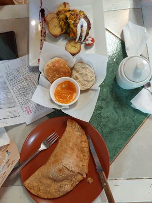 Free bread and dip, (huge) empanada and tortilla at Estrella Negra in San Pedro De Atacama