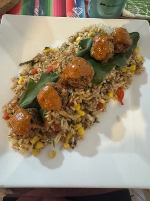 Soy Meatballs with fried rice and veggies   at Estrella Negra in San Pedro De Atacama