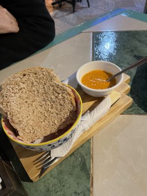 Complimentary bread - not too sure what the sauce is but it’s SO good  at Estrella Negra in San Pedro De Atacama