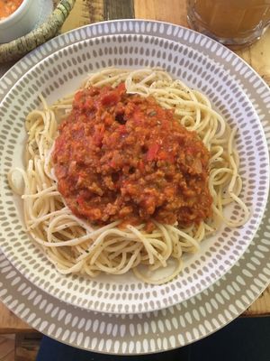 Spaghetti bolognese made from soya at Estrella Negra in San Pedro De Atacama