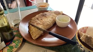 Being corn and mushrooms was empanada    at Estrella Negra in San Pedro De Atacama