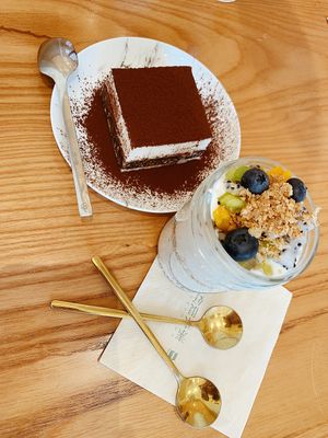 Tiramisu, coconut yogurt with fruits   at Vegegood 素来很好 in Shanghai