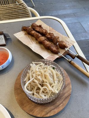 Shredded bamboo snow fungus in sweet and sour sauce and Hedgehog fungus kebab   at Vegegood 素来很好 in Shanghai