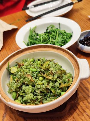 Fried rice with edamame, mushrooms and vegetables and ginger fried pea shoots at Vegegood 素来很好 in Shanghai