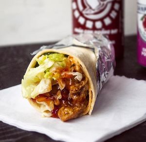 Sweet chilli wrap - crispy chickhun strips, cucumber, lettuce, sweet chilli sauce and homemade garlic mayo at Huns in Leicester