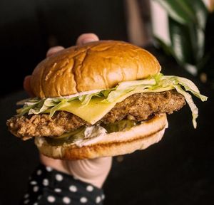 Classic burger - crispy chickhun fillet, cheese, pickles, lettuce and homemade mayo at Huns in Leicester