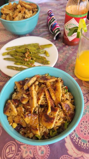 Teriyaki "Chicken" with fried Rice & Garlic Green Beans at Salud Para Vida in San Pedro La Laguna