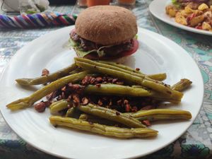 Saitan burger and beans at Salud Para Vida in San Pedro La Laguna