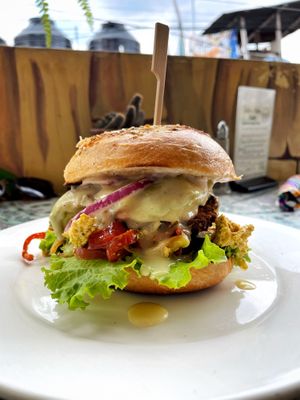 Tofu scramble bagel 55Q  at Salud Para Vida in San Pedro La Laguna