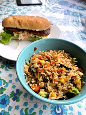 Pineapple fried rice with coconut bacon  at Salud Para Vida in San Pedro La Laguna