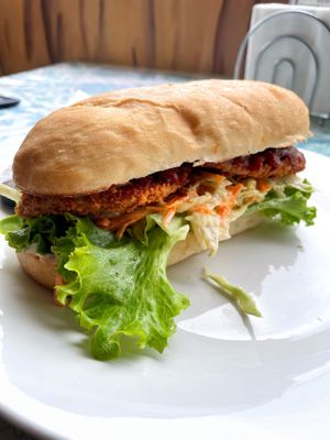 Barbecue chick’n coleslaw sub 45Q  at Salud Para Vida in San Pedro La Laguna