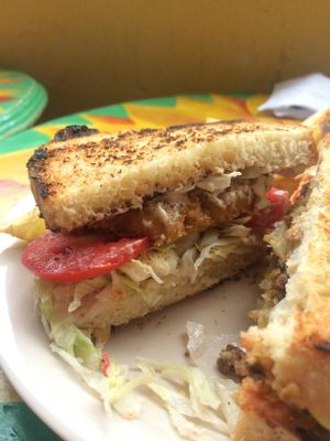 vegan chicken sandwich at Salud Para Vida in San Pedro La Laguna