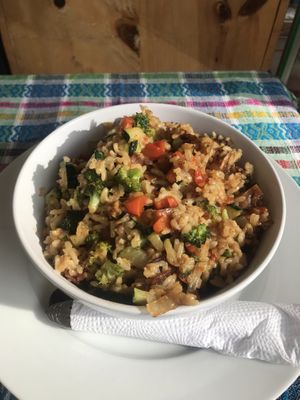 Stir-fried rice with coconut bacon at Salud Para Vida in San Pedro La Laguna