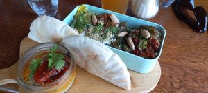 Quinoa and miso aubergine, tapenade of almonds and more. at Couleur Café in Saint-malo