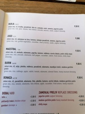 Salad menu at Cafinho in Piran
