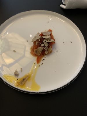 Slight smoked tomato tartar with baked flakes  at Frank. in Brussels