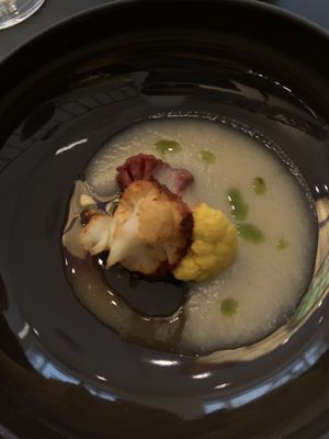 3 different cauliflowers in cauliflower sauce and herb oil   at Frank. in Brussels