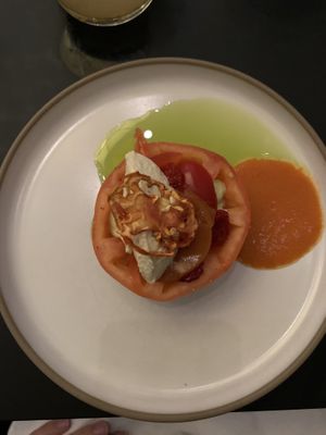 Tomato filled with more tomatoes and a delicious cream  at Frank. in Brussels